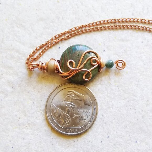 Unique! Handmade Stacked Green Jasper Pendant - Copper Wire Wrap Design + Chain - Picture 2 of 9